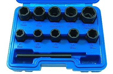 ZESTAW NASADEK DO USZKODZONYCH ŚRUB 10EL. 9-19MM 10X +DRIFT-PUNCH CR-MO