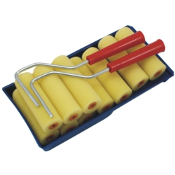 ZESTAW WAŁKÓW MALARSKICH GĄBKOWYCH Z KUWETĄ 10szt. 100MM FOAM CUV-30CM 2xHNDL:25CM 10+3+2